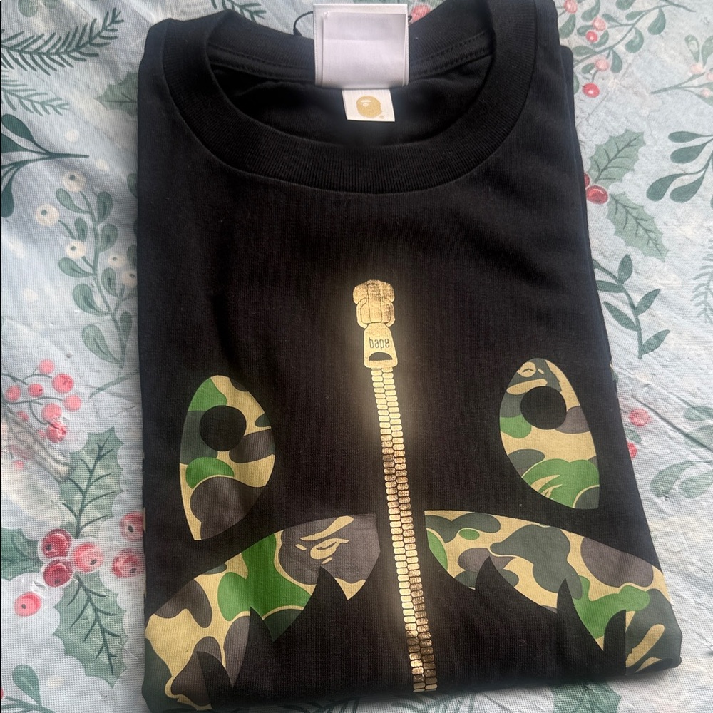Bape Black Tee with Gold and Green Camo Design